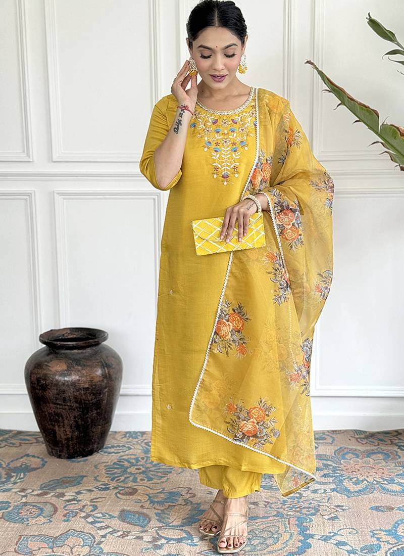 Mustard yellow chanderi viscose readymade kurta set