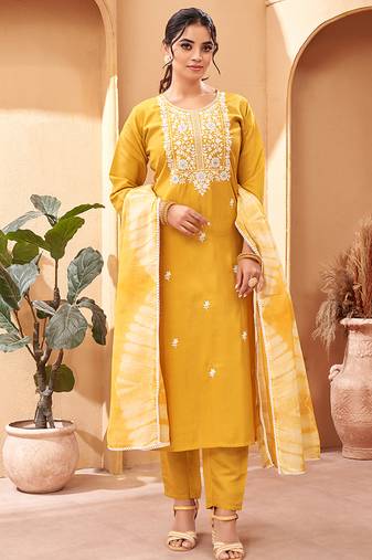 Mustard chanderi viscose embroidered kurta set