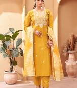 Mustard chanderi viscose embroidered kurta set