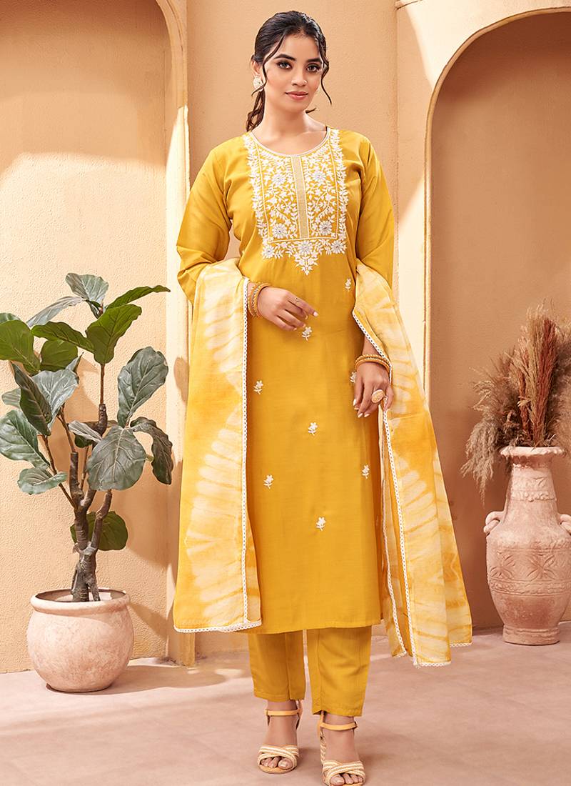 Mustard chanderi viscose embroidered kurta set
