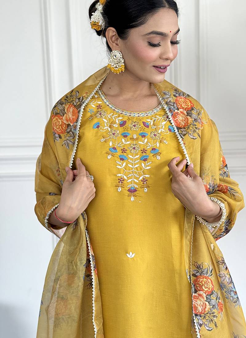 Mustard yellow chanderi viscose readymade kurta set