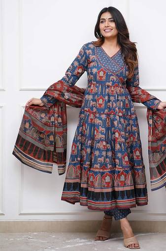 Blue color cotton print anarkali suit