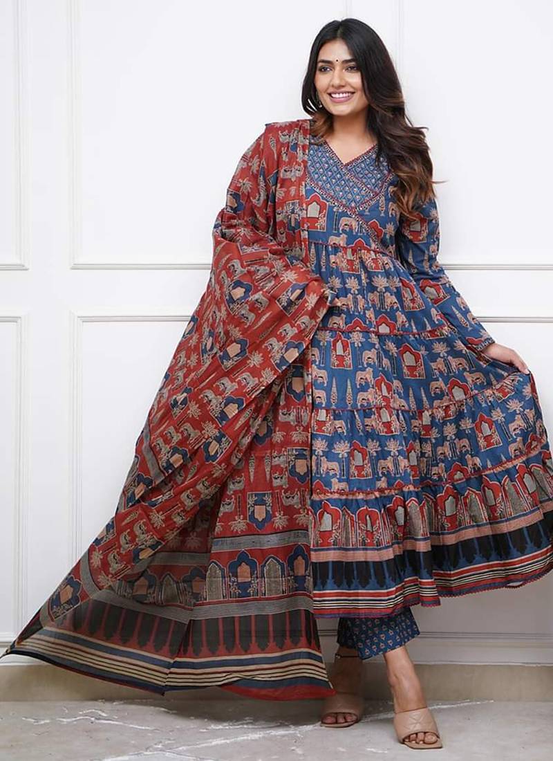 Blue color cotton print anarkali suit