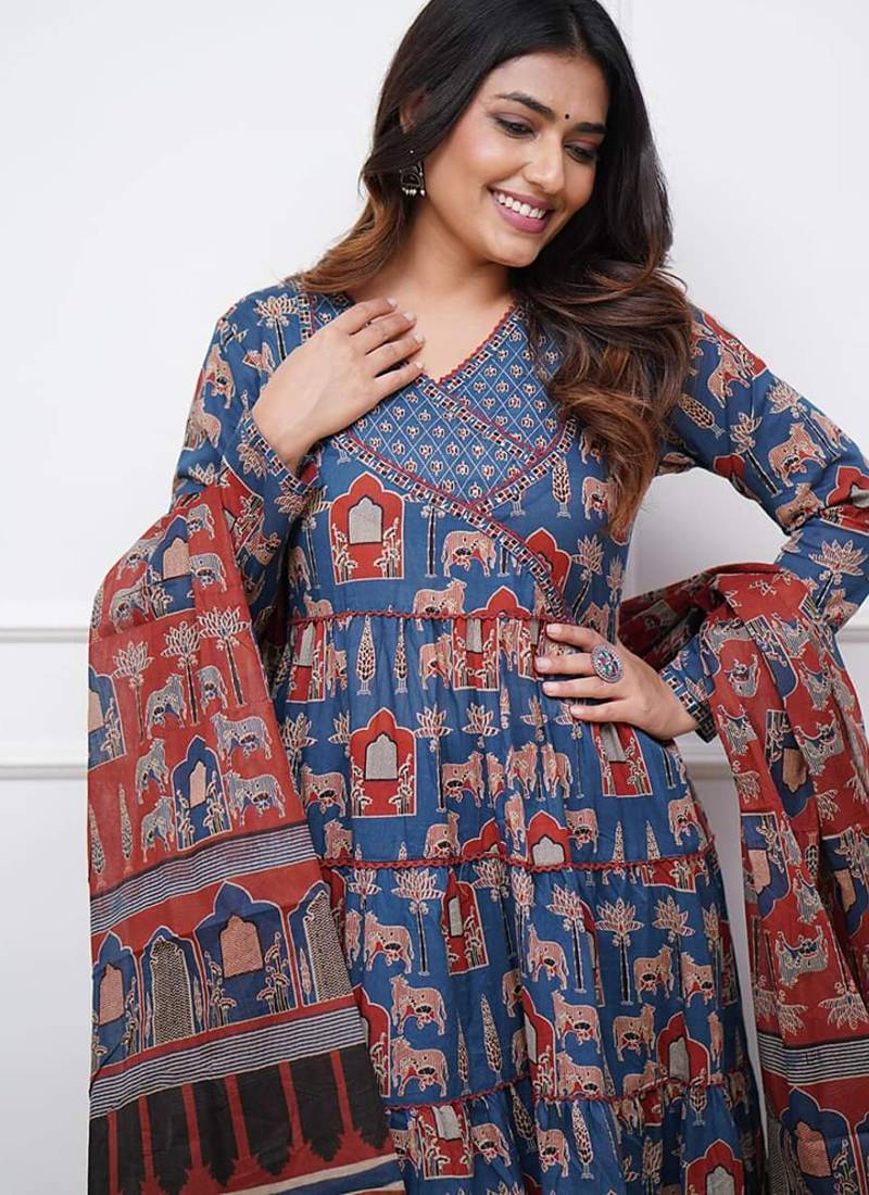 Blue color cotton print anarkali suit