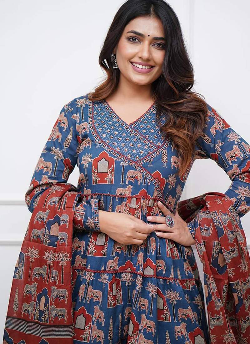 Blue color cotton print anarkali suit