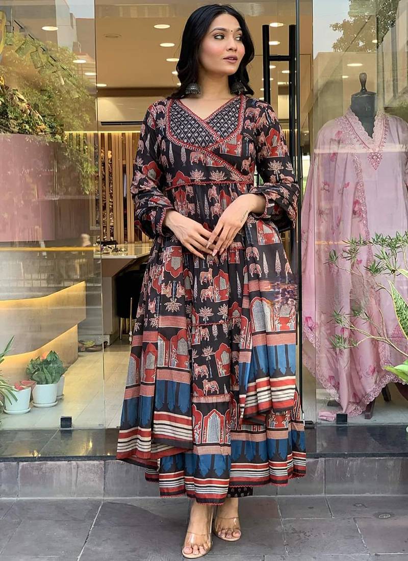 Black color cotton print anarkali suit