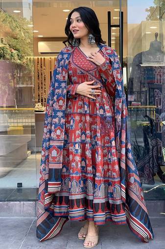 Red color cotton print anarkali suit