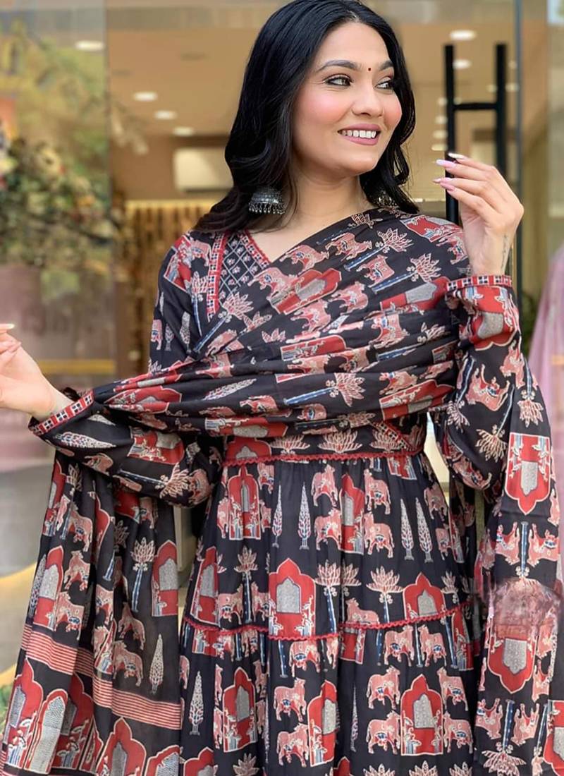 Black color cotton print anarkali suit