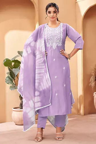 Lavender chanderi viscose embroidered kurta set