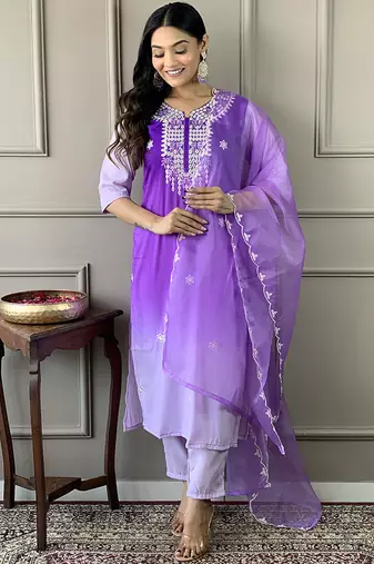 Light purple color muslin embroidered kurta set