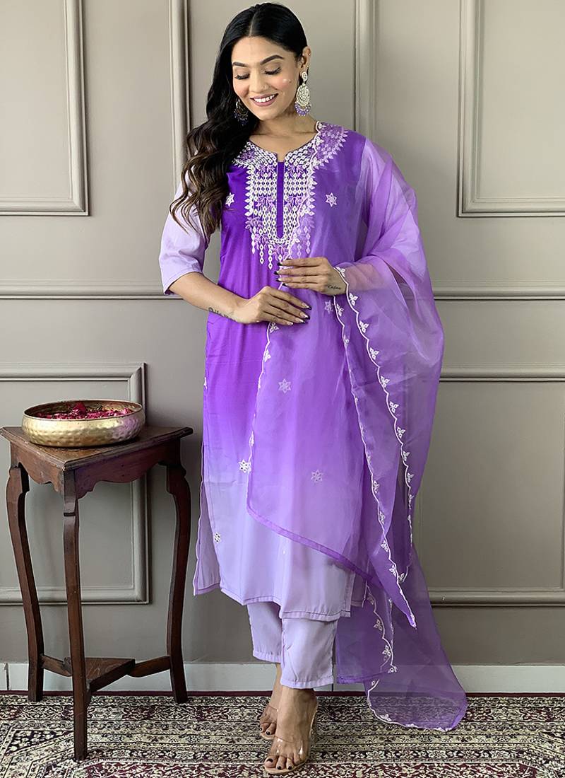 Light purple color muslin embroidered kurta set