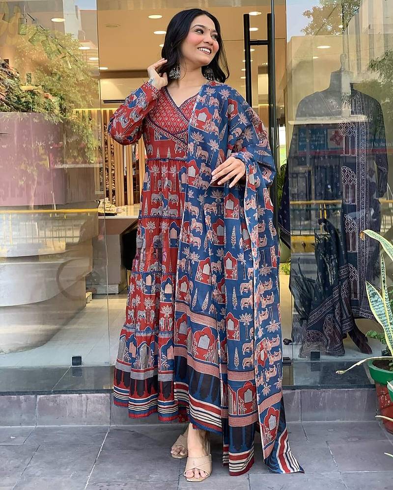Red color cotton print anarkali suit
