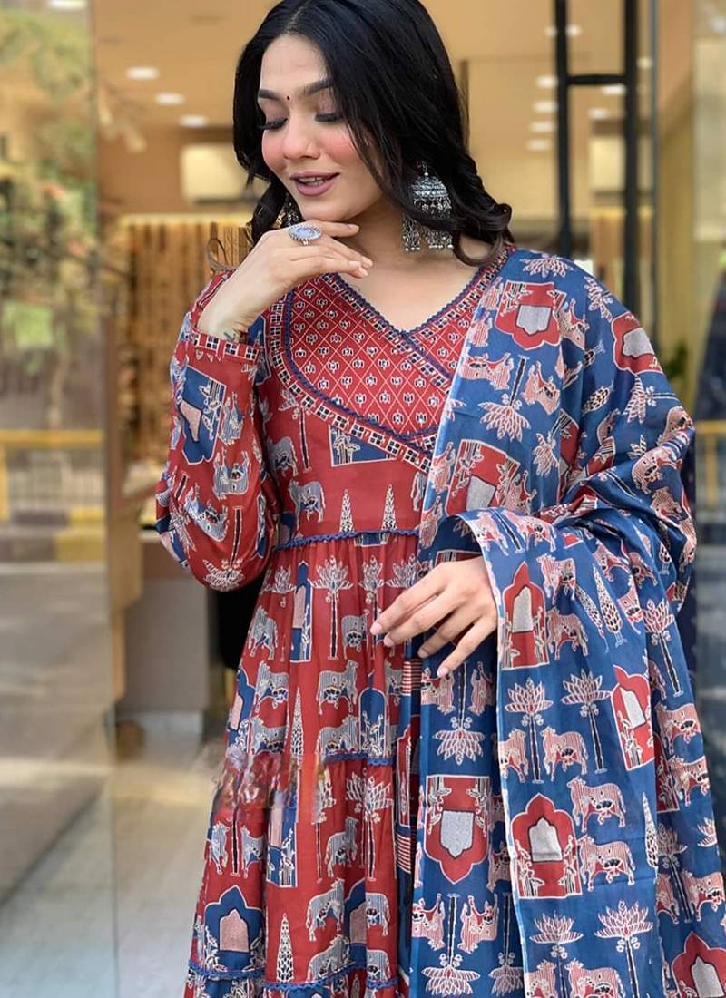 Red color cotton print anarkali suit
