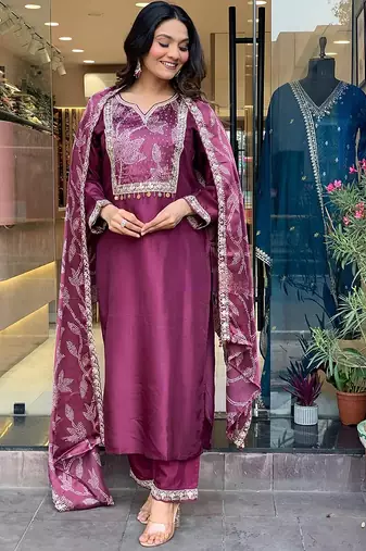 Chanderi visocse ready made kurta sen in wine