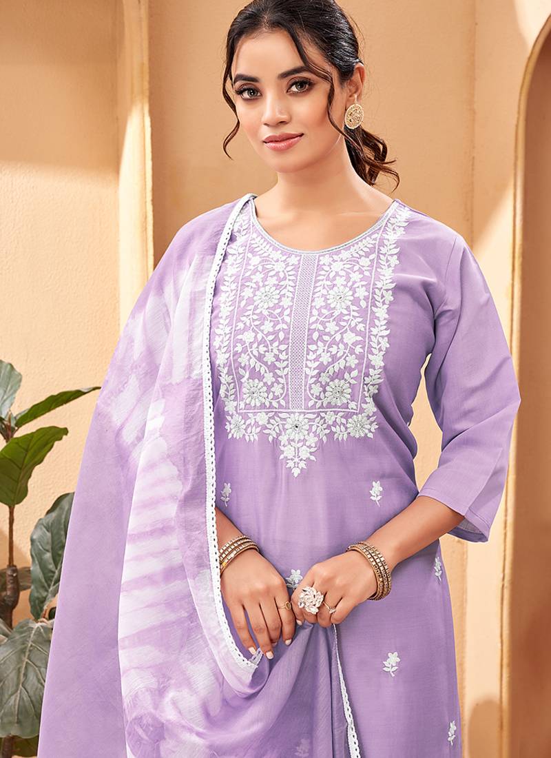 Lavender chanderi viscose embroidered kurta set