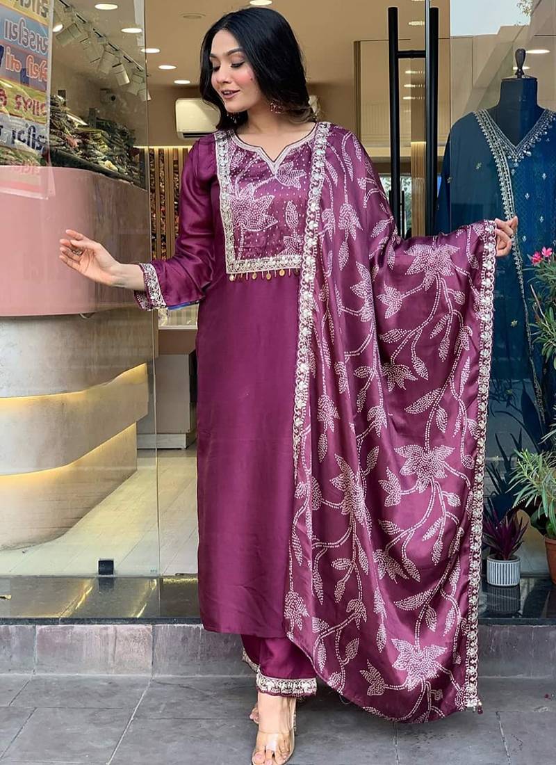 Chanderi visocse ready made kurta sen in wine