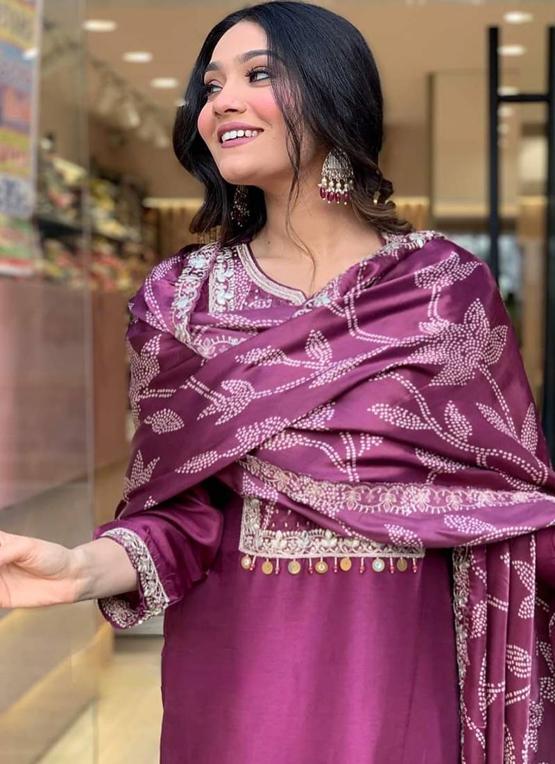 Chanderi visocse ready made kurta sen in wine