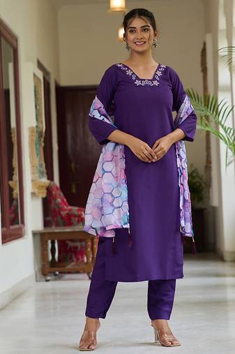 Purple color rayon sttiched kurta set