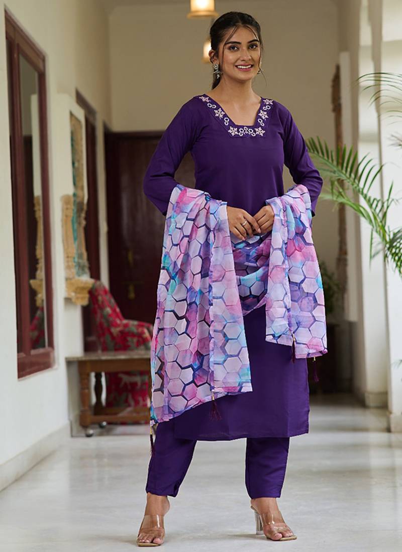 Purple color rayon sttiched kurta set