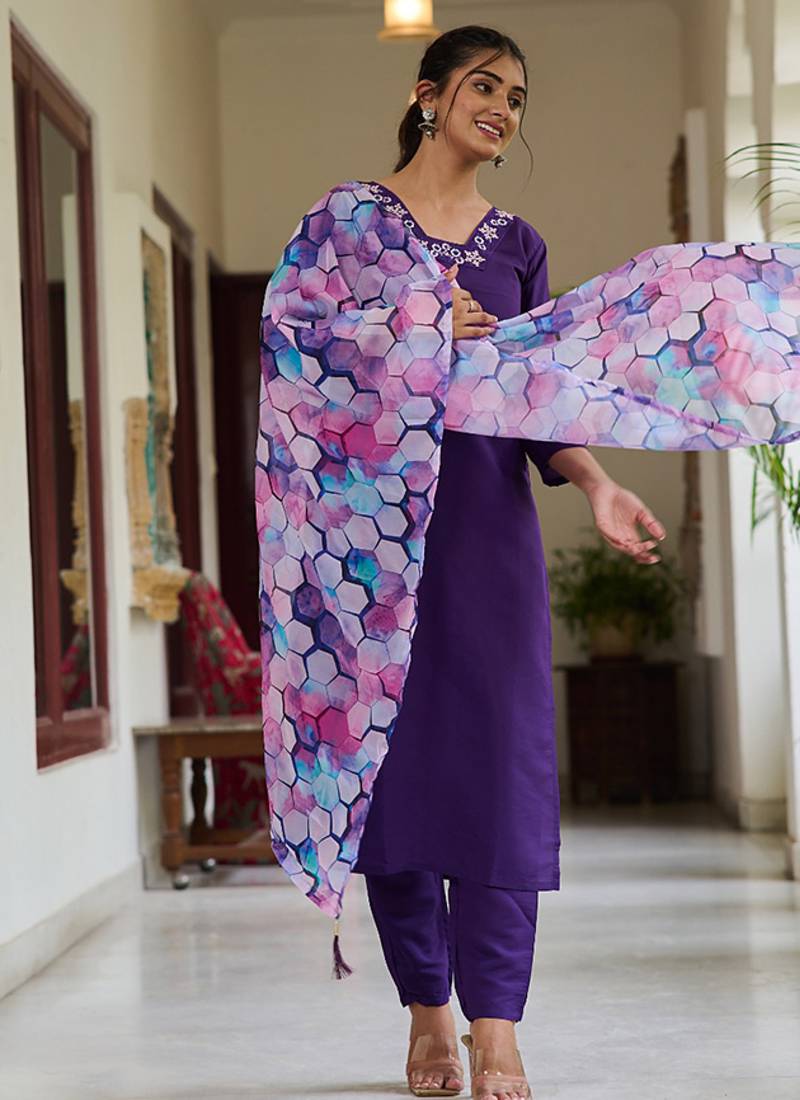 Purple color rayon sttiched kurta set