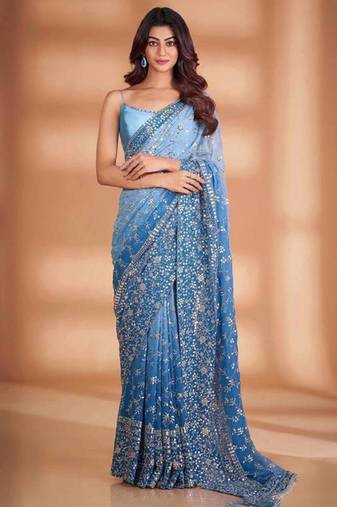 Sky blue ombre floral embroidered saree