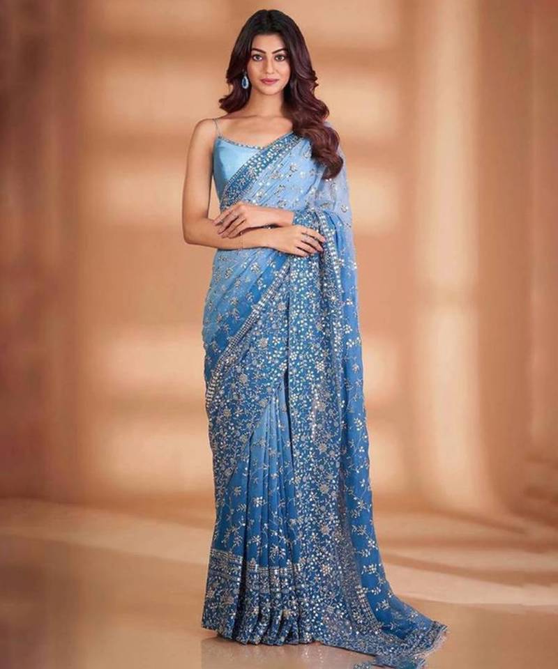 Sky blue ombre floral embroidered saree