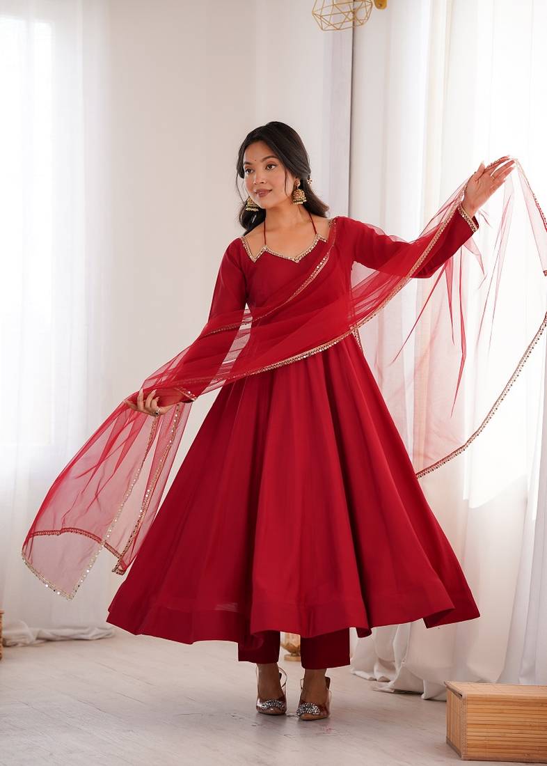 Women red ethnic anarkali kurta set for festive & wedding wear