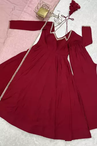 Women red ethnic anarkali kurta set for festive & wedding wear