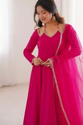 Women ranipink ethnic anarkali kurta set for festive & wedding wear