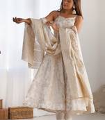 Off-white & gold jecqaurd banarasi anarkali kurta set with dupatta