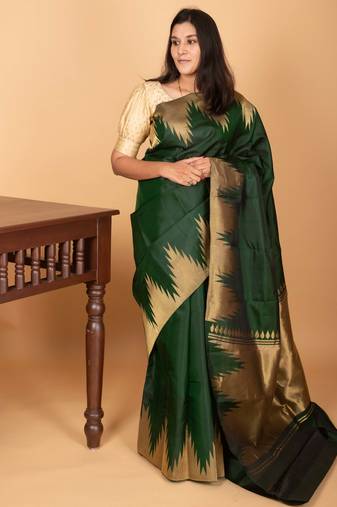 Bottle green temple border pure kanjipuram silk saree