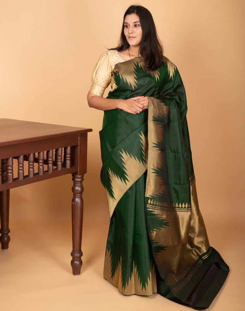 Bottle green temple border pure kanjipuram silk saree