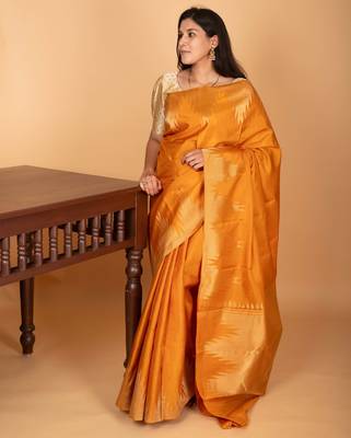 Turmeric yellow temple border pure kanchi silk saree 1