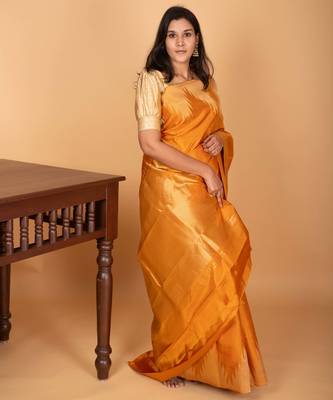 Turmeric yellow temple border pure kanchi silk saree 3