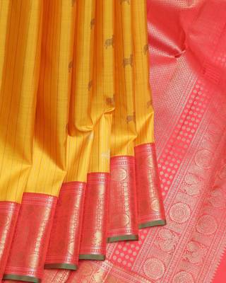 Canary yellow and pinkish red  kanjivaram pure zari silk saree 1