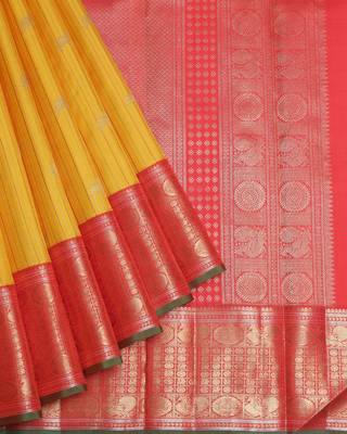Canary yellow and pinkish red  kanjivaram pure zari silk saree 2