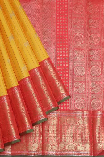 Canary yellow and pinkish red kanjivaram zari silk saree with blouse