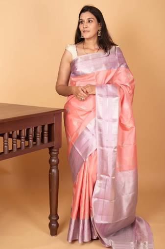 Carnation pink and lilac lavender retta patta border pure kanchi silk saree