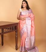 Carnation pink and lilac lavender retta patta border pure kanchi silk saree