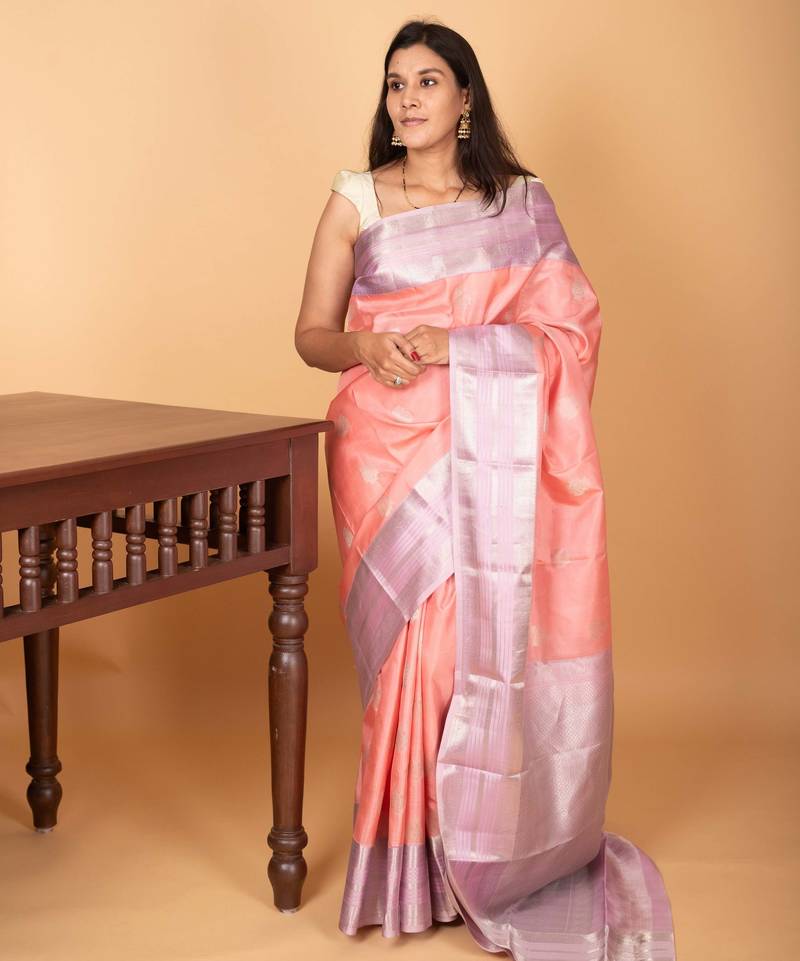 Carnation pink and lilac lavender retta patta border pure kanchi silk saree