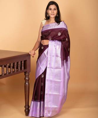 Wine purple and  lavender butta weave pure kanchi silk saree 1