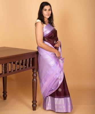 Wine purple and  lavender butta weave pure kanchi silk saree 2
