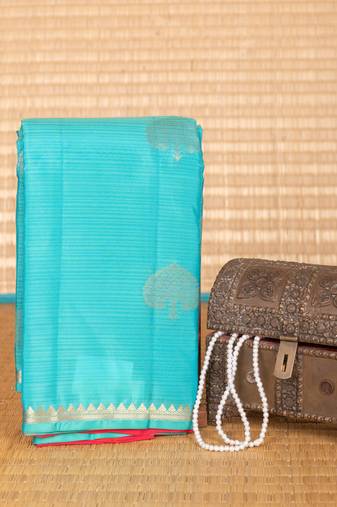 Aqua blue and reddish pink butta pure touch silk saree