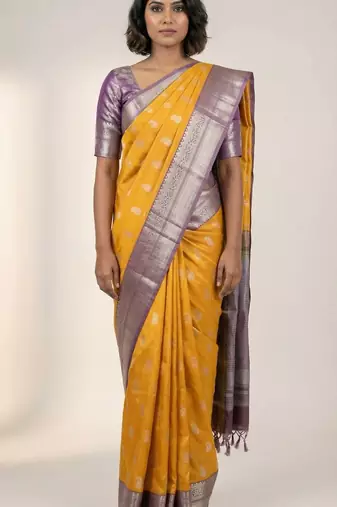 Mango yellow and mauve lavender soft silk saree