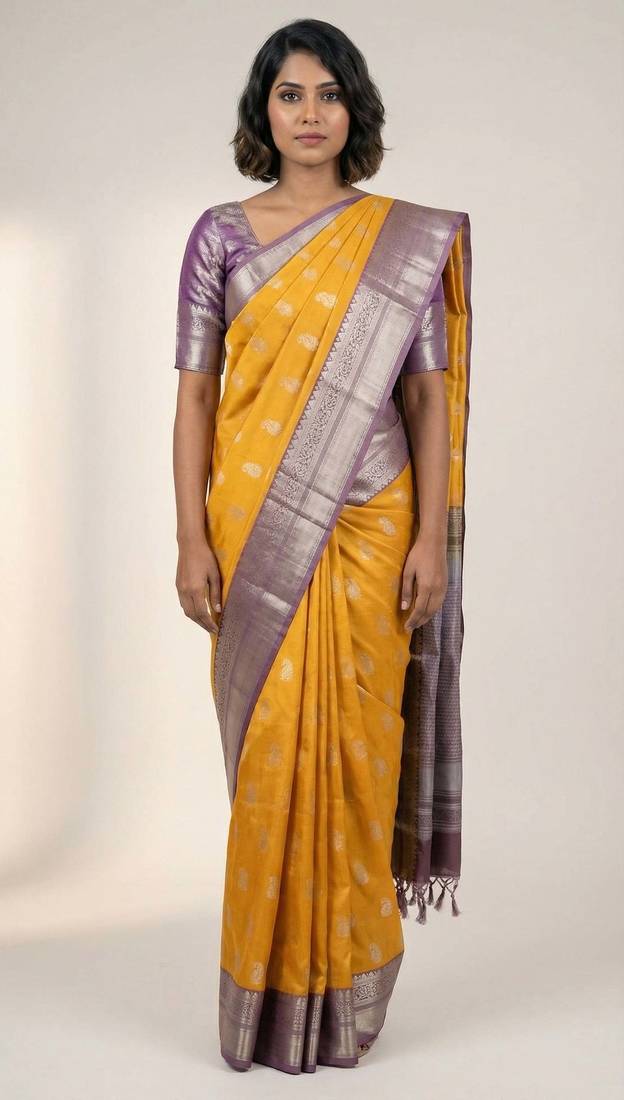 Mango yellow and mauve lavender soft silk saree
