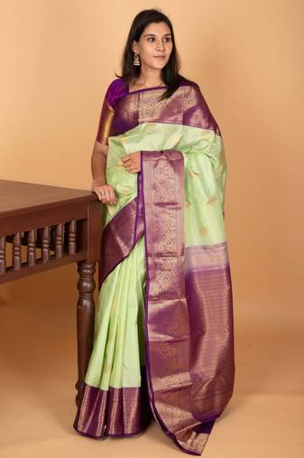 Pista green and orchid purple traditional kanchi pure silk saree