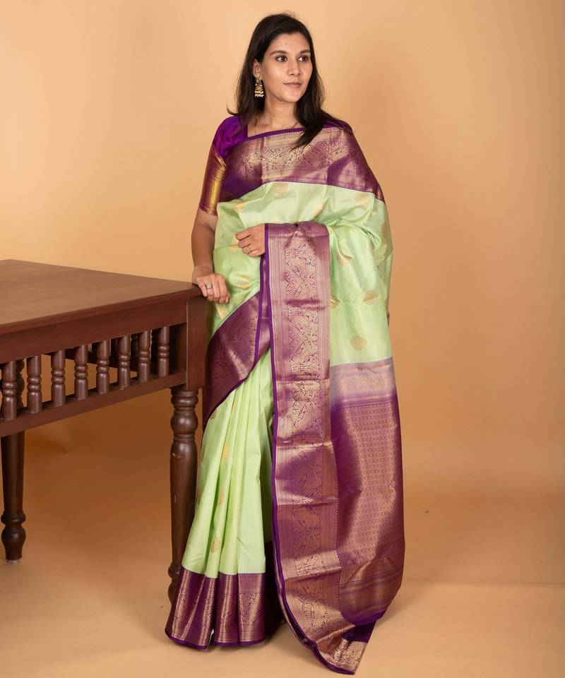 Pista green and orchid purple traditional kanchi pure silk saree