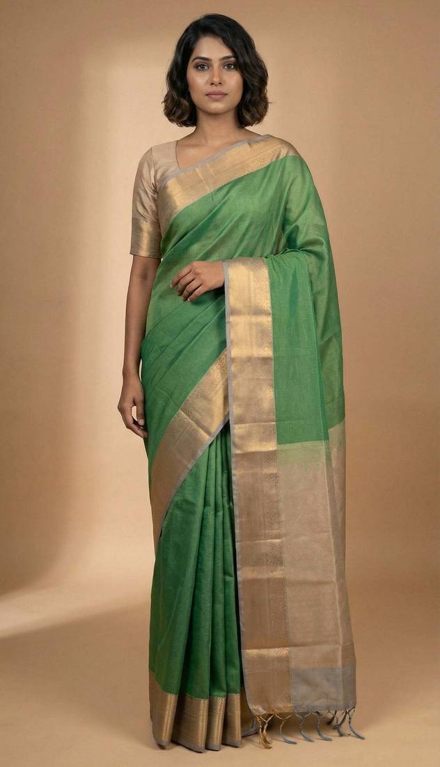 Jungle green and steel grey soft silk saree
