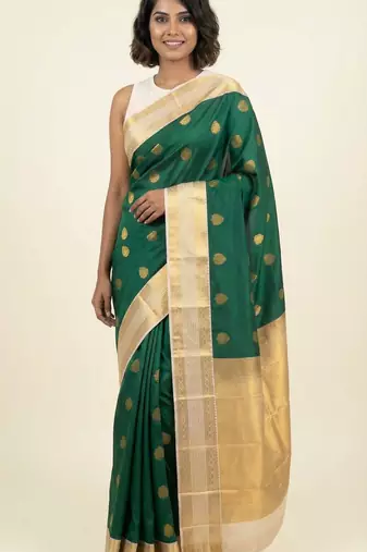 Bottle green and offwhite butta semi silk saree