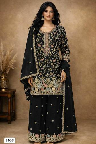 Black chinon silk full stitched free size palazzo suits upto 44